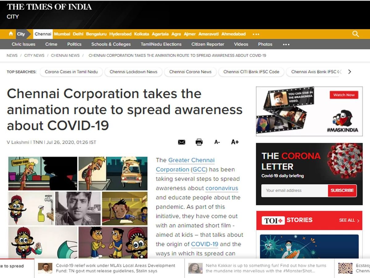 Times of India coverage of VA animation for COVID-19 awareness